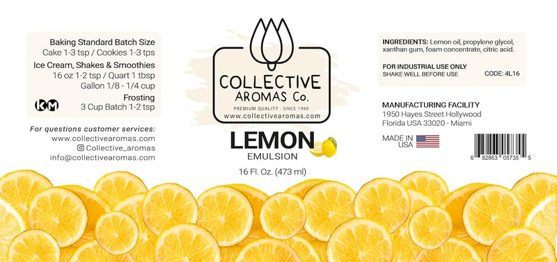 Lemon Extract for Baking - Natural Lemon Flavoring Emulsion for Cookies, Frosting, Ice Cream, Smoothies & Beverage - 16 fl oz Kosher, Lemon Extract by Collective Aromas Co.mon Extract for Baking, Natural Lemon Flavor Emulsion by Collective Aromas Co.