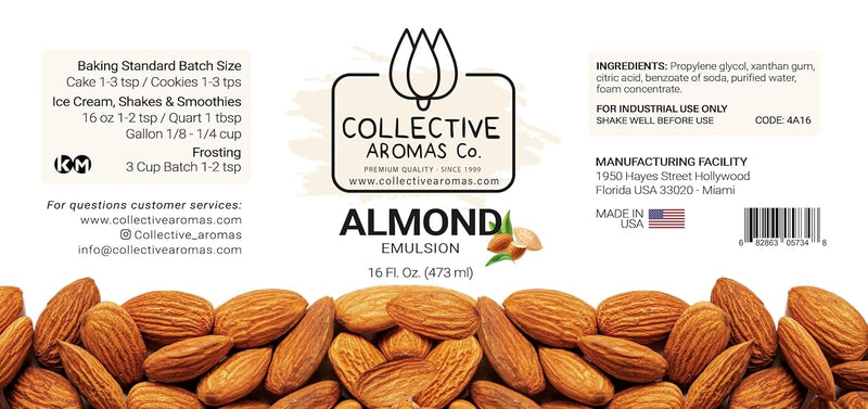 Almond Extract for Baking - Natural Almond Flavoring Emulsion for Cookies, Frosting, Ice Cream, Smoothies & Beverage - 16 fl oz Kosher, Almond Extract by Collective Aromas Co.