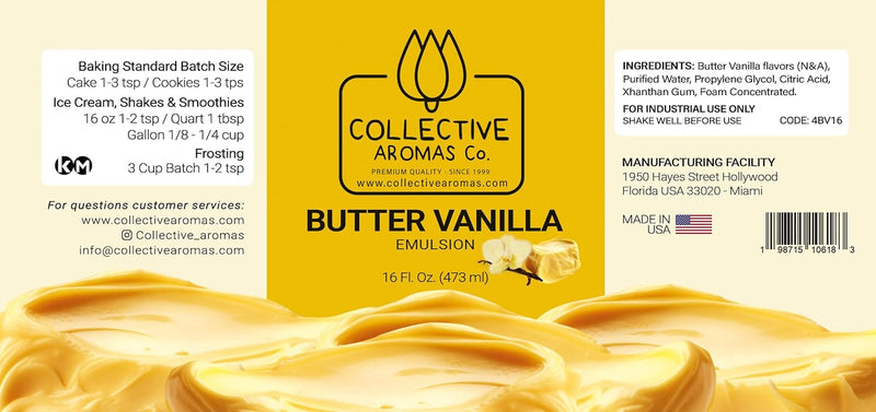 Butter Vanilla Flavoring Emulsion, Clear Color, Rich Taste, Kosher Parve, 16oz By Collective Aromas Co.